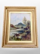 Late 19th century British School : An upland stream with hills beyond, oil on board,