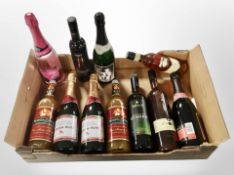 Several bottles of alcoholic and non alcoholic drinks