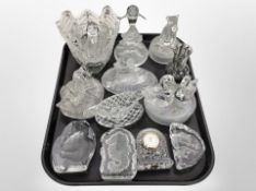 A group of crystal ornaments, paperweights, quartz clock,