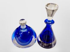 A David Wallace clear and blue glass scent bottle with stopper, further Andrew Sanders bottle,