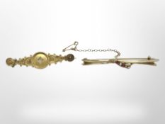 Two antique yellow gold bar brooches (2) CONDITION REPORT: 15ct gold brooch set with