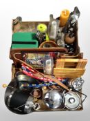 Two boxes of Scandinavian kitchen wares, stainless steel pots, enamelled bread bin, candles,