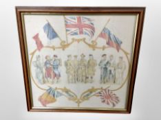 A French souvenir silk handkerchief in frame, 72 cm x 72 cm,