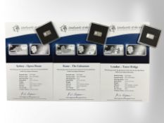Three Landmarks of the World fine silver ingots, with certificates.