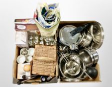 Two boxes of stainless steel kitchen pans,