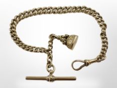 A 9ct yellow gold graduated chain with T-bar and fob, length 20 cm.