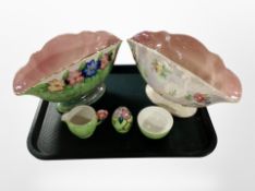 Two Maling lustre oval vases and further Maling Art Deco cream sugar and pepperette