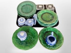 Several blue and white Jasperware trinket boxes, two further black examples,