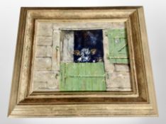N Barker (20th century) : A calf at a barn door, oil on canvas,