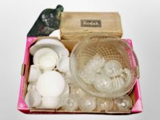 A box of 20th century clear and opaque glass ware, glass tea set, poison bottle,