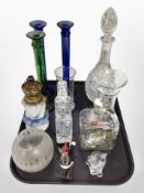 A group of Danish glass ware, slender coloured glass candlesticks, oil lamp base,