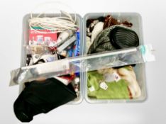 Two boxes of household sundries, lady's bags, woolen scarves, mug stand,