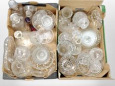 Two boxes of 20th century glass ware, decanters, vases,