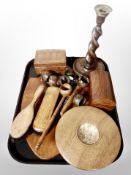 A group of treen, barley twist candlesticks, table boxes, napkin rings,