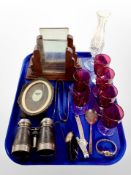 A pair of Art Deco wooden photograph frames, set of six ruby glass vases, pair of binoculars,