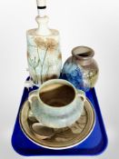 A group of 20th century studio pottery including Cornish Tremaen lamp base, vase,