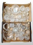 Two boxes of 20th century glass ware, decanters, lidded pots,