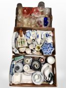 Three boxes of porcelain lamp bases, pottery elephant plant stand, dinner wares,