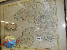 A framed and glazed map of south west England and Wales. COLLECT ONLY.