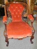 A Victorian mahogany framed cabriole leg ladies chair. COLLECT ONLY.