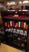 A dark wood stained book shelf unit