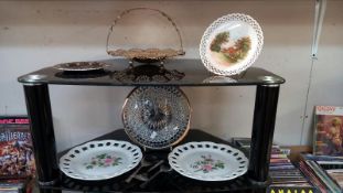 A Bavarian hand painted ribbon plate, 2 others 7 a plated cake dish etc.