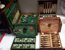 3 cased sets of cutlery, a cased set (incomplete) & an inlaid box