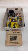 Action man army manual, Batman badges etc including The Prisoner, Dick Spanner etc
