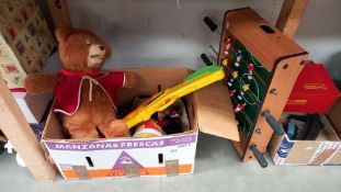 A box of die cast cars, plastic figures & table football etc. COLLECT ONLY