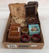 A mixed lot of jewellery etc, including faux pearls, earrings, onyx collar studs