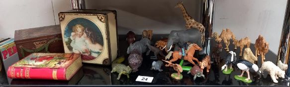 A quantity of Britain's animals and 3 vintage tins (elephant a/f)
