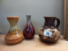 3 West German vases and jug, height between 14cm and 15cm