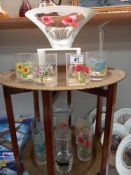 A quantity of decorative glasses, bowl, vase and a cat carafe and tumbler