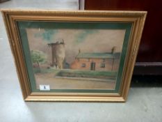 A watercolour of a derelict windmill next to a John Smart building