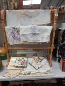 A pine towel rail and quantity of linens etc COLLECT ONLY