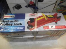 A boxed 2 tonne Streetwize hydraulic trolley jack COLLECT ONLY
