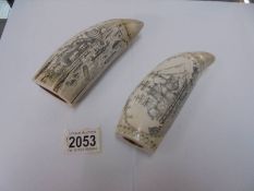 Two replica scrimshaws depicting sailing vessels.