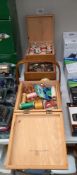 A vintage concertina sewing box + content, including cotton reels, buttons etc