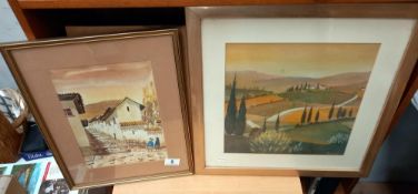 A gilt framed water colour of a Mediterranean street scene and a print of countryside