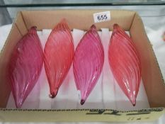 Six cranberry glass Christmas tree baubles.