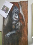 An African tribal painting of an orantutan and baby on redwood bark, COLLECT ONLY.