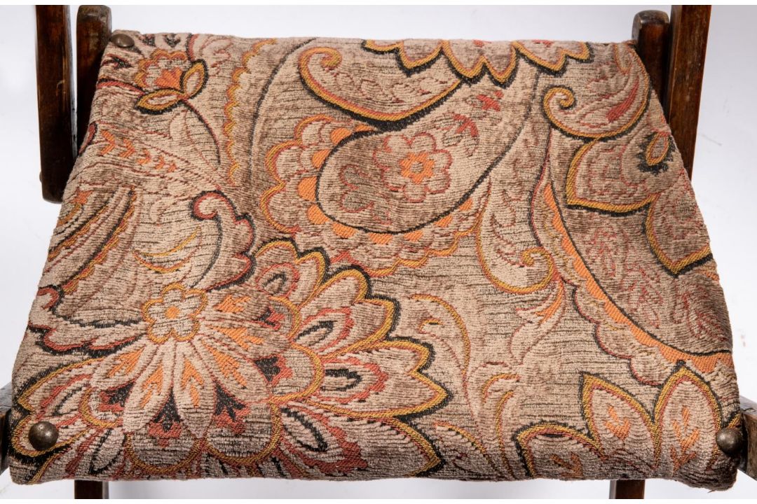 A Victorian mahogany folding campaign chair, with studded and tapestry embroidered head panel, - Image 3 of 5
