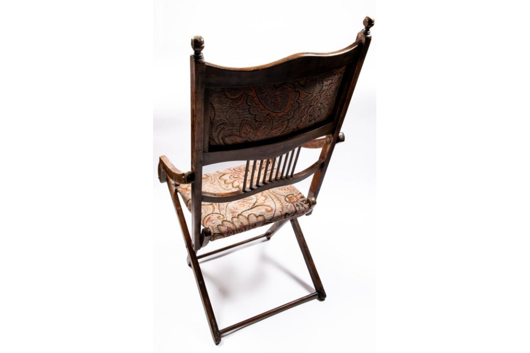 A Victorian mahogany folding campaign chair, with studded and tapestry embroidered head panel, - Image 2 of 5