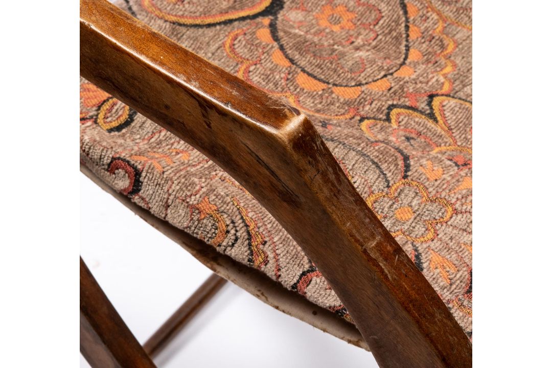 A Victorian mahogany folding campaign chair, with studded and tapestry embroidered head panel, - Image 4 of 5