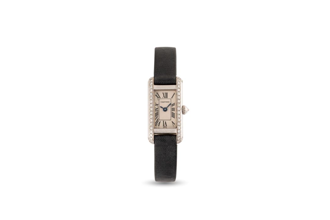 A LADIES 18K SOLID WHITE GOLD & DIAMOND CARTIER TANK MINI ALLONGEE WRIST WATCH DATED 2003, REF. 2525 - Image 2 of 7