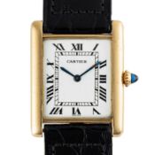 A GENTLEMAN'S SIZE 18K SOLID GOLD CARTIER PARIS TANK LOUIS EXTRA PLATE WRIST WATCH CIRCA 1980,