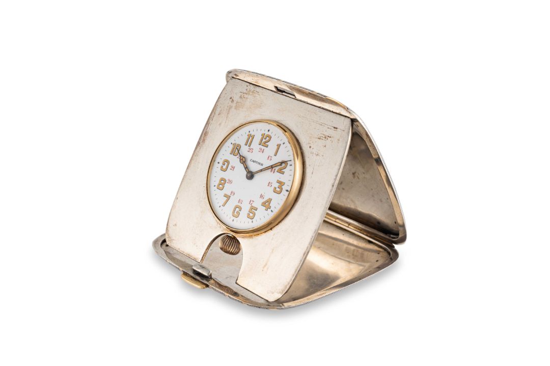 A RARE SOLID SILVER & GOLD CARTIER TRAVEL CLOCK CIRCA 1930, WITH 24 HOUR ENAMEL DIAL, ACCOMPANIED BY - Image 2 of 5