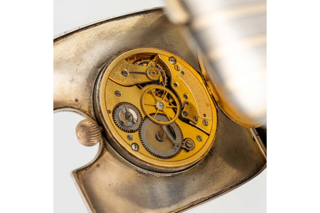 A RARE SOLID SILVER & GOLD CARTIER TRAVEL CLOCK CIRCA 1930, WITH 24 HOUR ENAMEL DIAL, ACCOMPANIED BY - Image 4 of 5