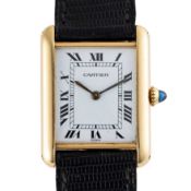 A GENTLEMAN'S SIZE 18K SOLID GOLD CARTIER PARIS TANK LOUIS MECANIQUE WRIST WATCH CIRCA 1980s