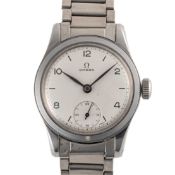A GENTLEMAN'S STAINLESS STEEL OMEGA CSI BRACELET WATCH CIRCA 1940s, REF. 2165 MADE FOR THE CIVIL